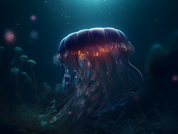 Une méduse est une méduse rougeoyante nageant au fond de la mer bleue Fond d'écran