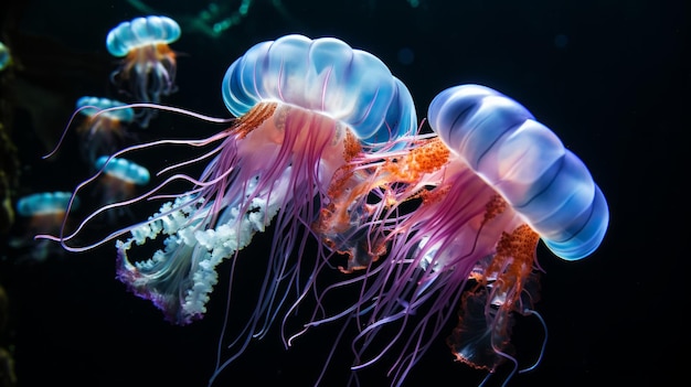 Une méduse hypnotisante fleurit leurs corps translucides brillant éthériquement dans l'obscurité des océans