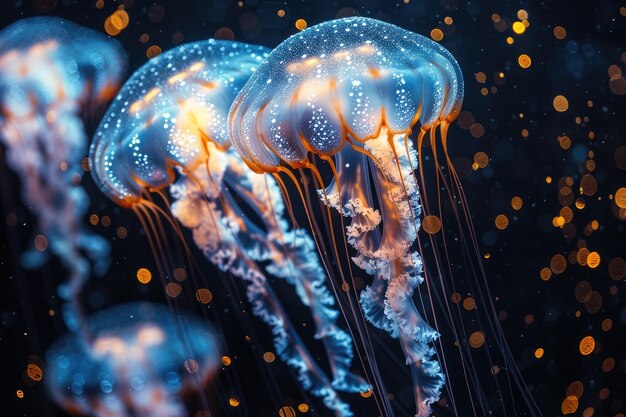 Photo la méduse marine brille avec une luminescence contre la photographie professionnelle de la mer sombre