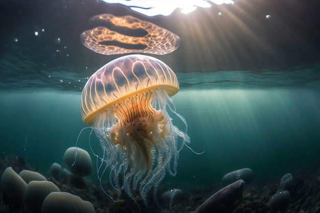 Une méduse nage sous l'eau avec la lumière qui brille dessus