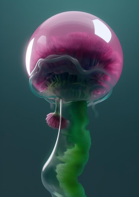 Une méduse rose avec une base violette et une boule violette.