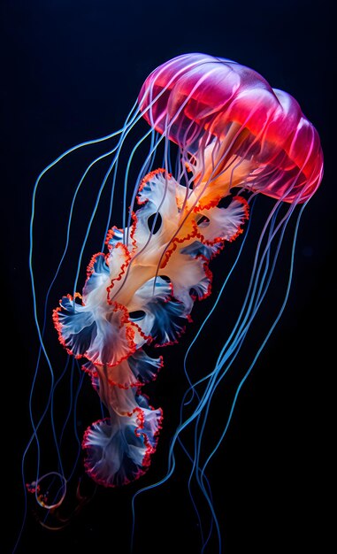 Des méduses aux couleurs vives sur un fond sombre