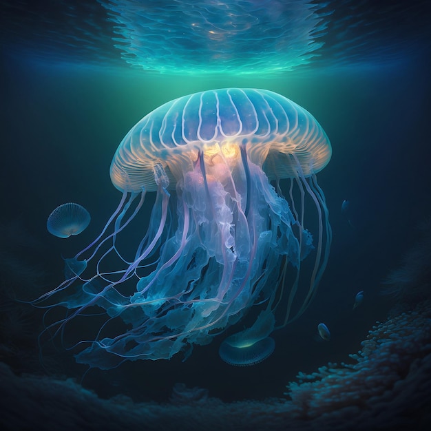 Méduses bioluminescentes enchanteresses trouvées dans les profondeurs de l'océan Generative Ai