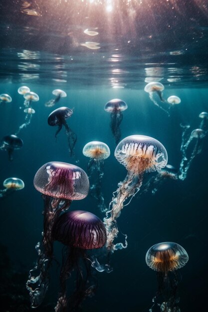 Méduses colorées sous l'eau