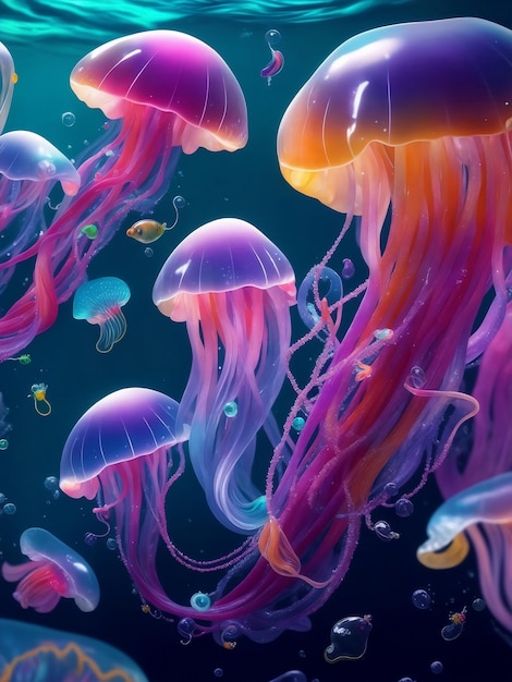 Méduses colorées sous la mer Illustration IA générative