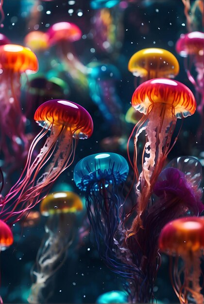 Des méduses de couleurs vives sous la mer.