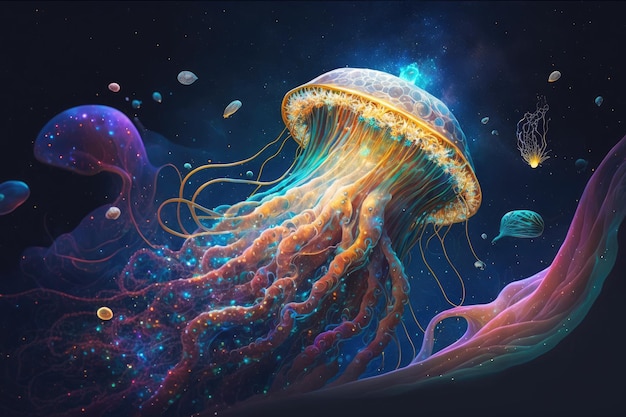Méduses fantastiques dans l'espace avec des tentacules multicolores coulant dans l'océan cosmique créé avec des genres