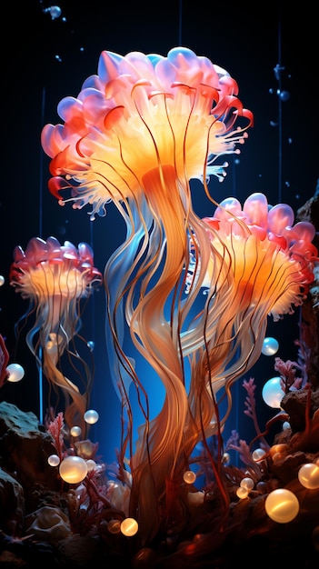 méduses flottant dans une mer d'eau avec des bulles génératives ai