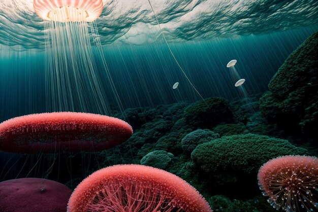 Photo des méduses flottant gracieusement dans l'air dans une forêt arc-en-ciel