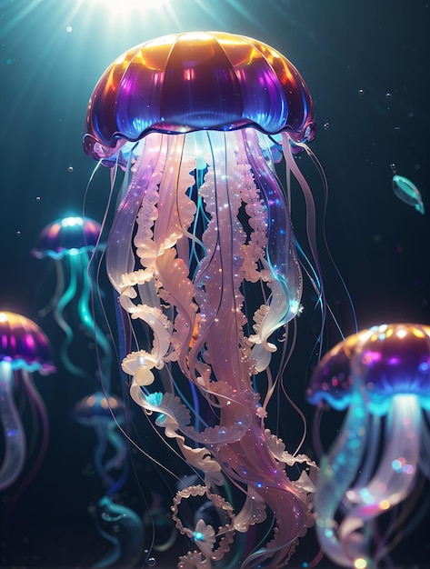 Des méduses lumineuses sur un réseau neuronal de fond sombre