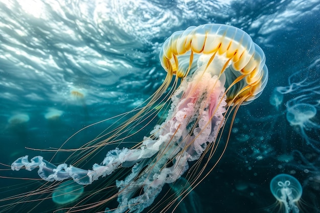 Des méduses majestueuses flottant sous l'eau avec la lumière du soleil filtrant à travers la surface de l'océan