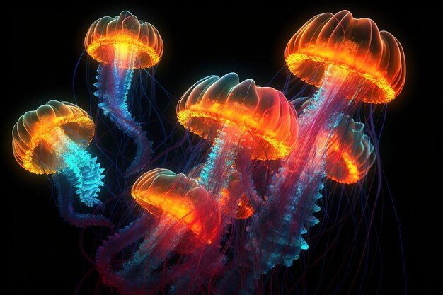 Des méduses de mer brillantes sur un fond sombre illustration neurale Ai générative