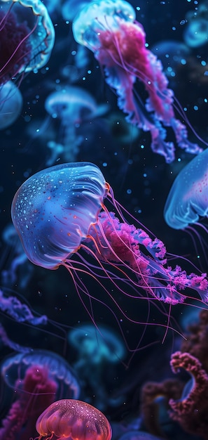 des méduses de mer brillantes sur un fond sombre, image générée par un réseau neuronal