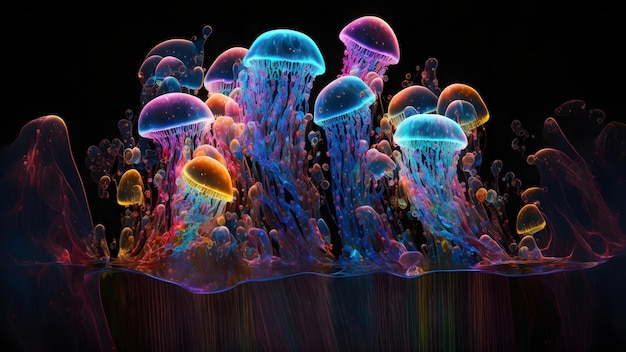 Méduses de mer rougeoyantes sur fond sombre art généré par le réseau de neurones