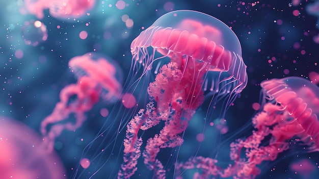 Des méduses roses surréalistes glissant à travers une scène sous-marine rêveuse vie marine éthérée dans un environnement océanique fantastique IA