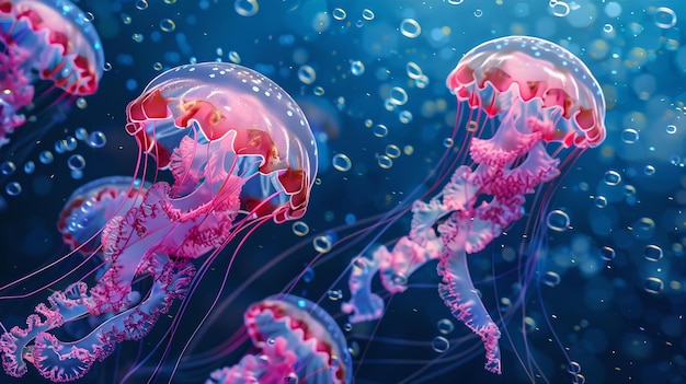 Des méduses vibrantes nageant dans les eaux bleues profondes de l'océan, une vie marine, un écosystème, une beauté sous-marine capturée dans un style photogénique par l'IA.