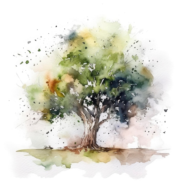 Meedow one tree aquarelle couleur pastel avec fond blanc générat ai