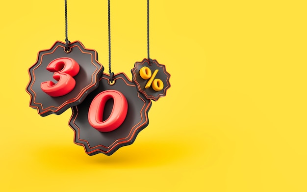 Photo mega vente offre 30 % de réduction sur le concept de rendu 3d de fond jaune shopping pour la bannière de vente