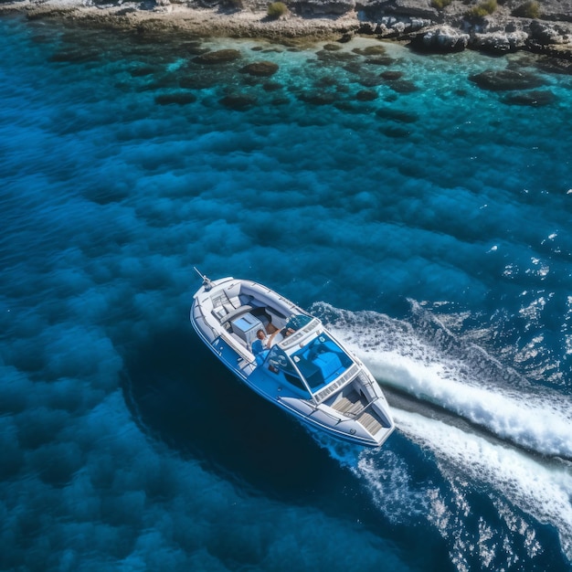 Un méga-yacht blanc de luxe se déplace rapidement sur l'eau sombre dans l'océan.