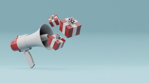 Un mégaphone avec une boîte rouge et blanche qui dit "boîtes cadeaux" dessus