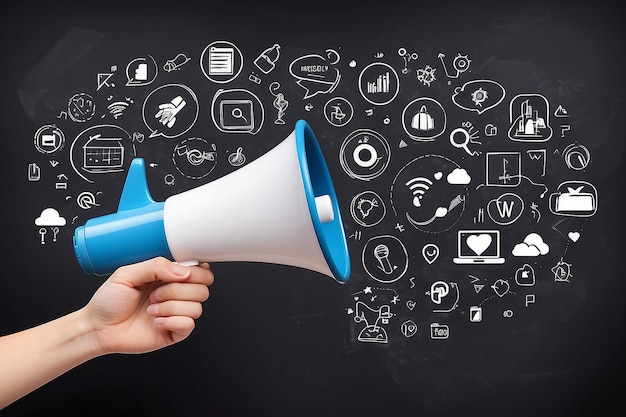 Megaphone à la main avec différentes icônes pour le concept de marketing numérique sur le tableau noir