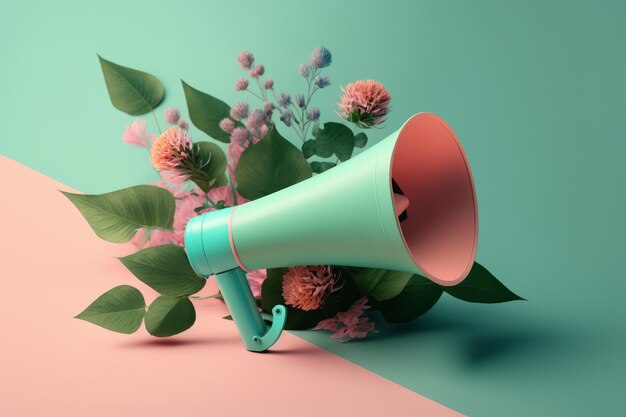 Mégaphone rose avec des fleurs d'été lumineuses et une feuille verte Illustrator AI Generative