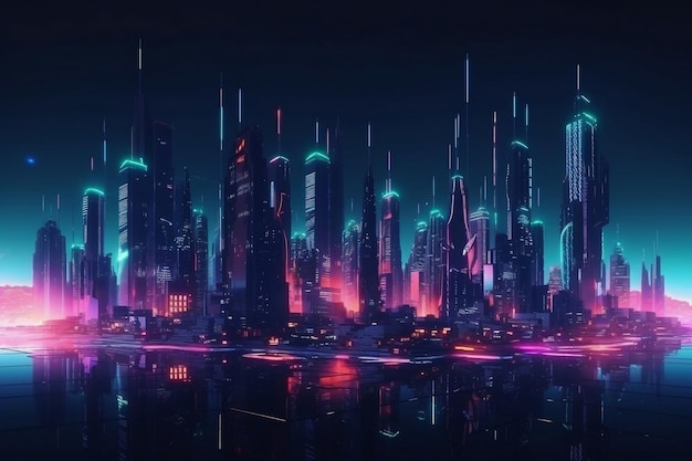 Mégapole illuminée au néon futuriste avec des gratte-ciel générative ai