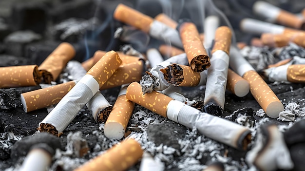 Des mégots de cigarettes sur un cendrier noir avec de la fumée