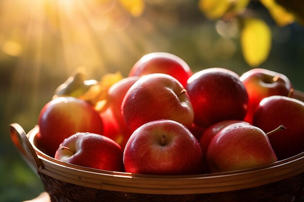 Le meilleur panier plein d'automne de pommes bio rouges rétroéclairé par un doux soleil