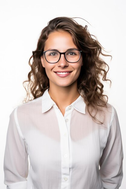 Photo la meilleure ingénieure logicielle, l'expert en informatique, le nerd sur fond blanc.