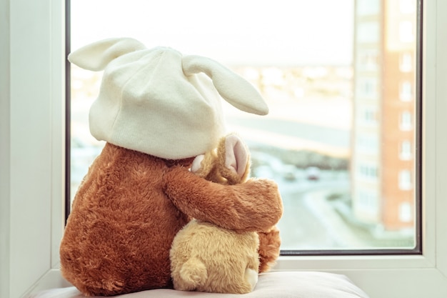 Les meilleurs amis ours en peluche et lapin jouet assis sur le rebord de la fenêtre se serrant les uns les autres et regardant par la fenêtre.