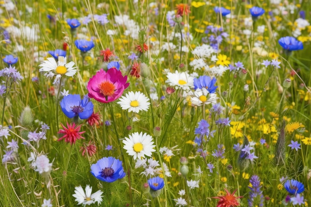 Un mélange de bleuets camomille et autres fleurs sauvages dans un champ