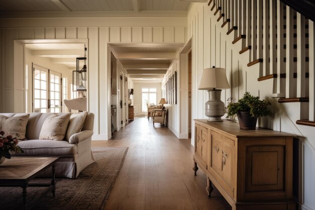 Un mélange captivant de charme rustique et d'élégance moderne dans un intérieur de couloir inspiré d'une ferme