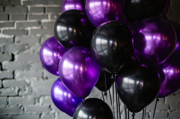 Un mélange coloré de ballons violets et noirs disposés soigneusement à l'intérieur d'un vase créant un affichage vibrant et festif ballons gothiques noirs et violets pour une fête d'anniversaire unique AI généré