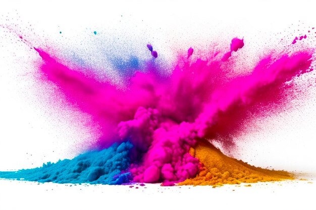 Photo un mélange coloré de poudre jetant des éclaboussures de couleurs du festival de holi isolées sur un fond blanc