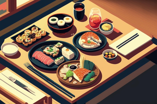 Mélange de cuisine japonaise sur la table du restaurant
