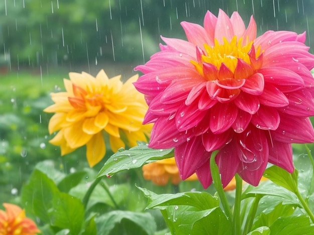 Le mélange de Dahlia coloré fleurit avec des gouttes de pluie dans un jardin rustique sur fond de coucher de soleil Bannière
