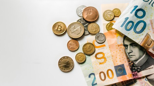 Un mélange diversifié de monnaies avec des pièces de monnaie et des billets de banque concepts financiers présentés visuellement idéaux pour le contenu à thème économique AI