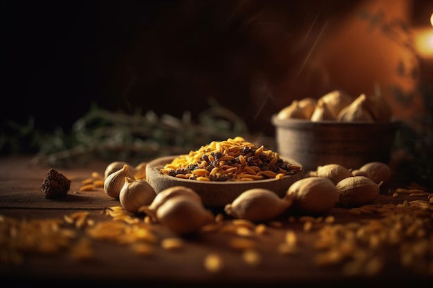 Un mélange d'épices vibrant Photo d'une poignée de graines de cumin et de curcuma débordant de saveurs aromatiques