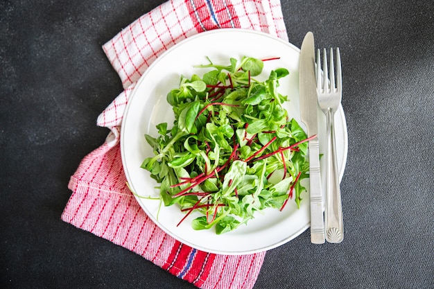 Mélange de feuilles de salade verte feuilles de haricot mungo betterave laitue cresson frais repas sain alimentation collation régime alimentaire