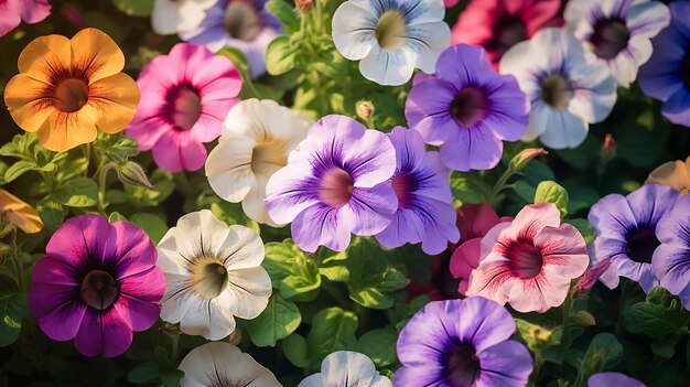 Mélange fleuri de pétunias multiflores dans un jardin fleuri