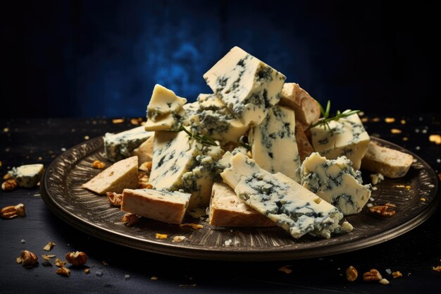 mélange de fromages bleus sur une assiette sur fond bleu foncé