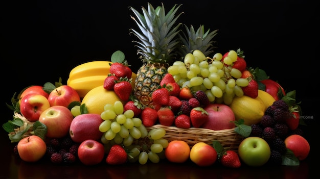 Mélange de fruits frais comme les baies, les agrumes et les fruits tropicaux arrangés générés par l'IA