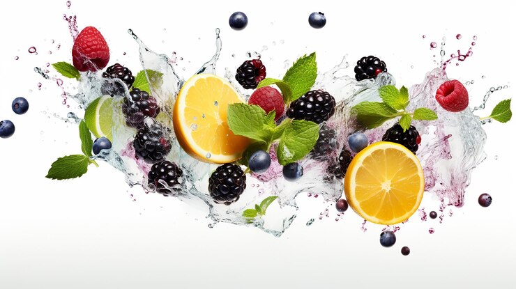 Photo mélange de fruits tombés dans l'eau isolés sur fond blanc