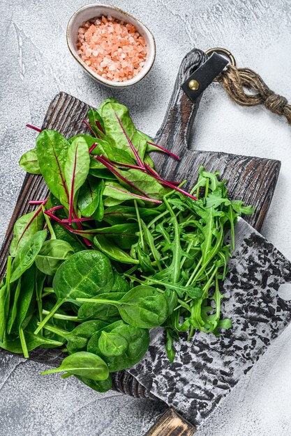 Mélange de légumes verts frais, épinards, bette à carde et roquette