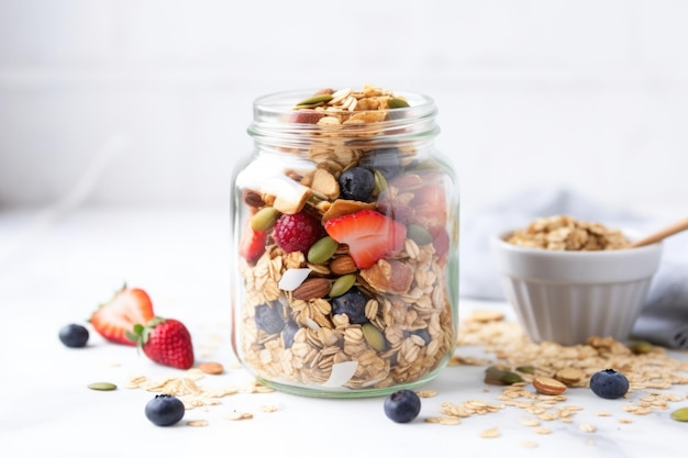 Mélange de muesli emballé dans un pot de conservation en verre transparent