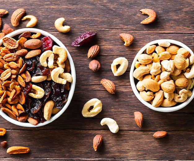 Mélange de noix et de fruits secs sur fond de bois