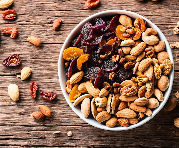 Mélange de noix et de fruits secs sur fond de bois