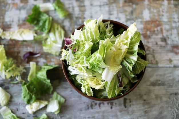 Mélange de salades dans un bol. Feuilles de laitue juteuse verte. Le concept d'une alimentation saine. Mise au point sélective.