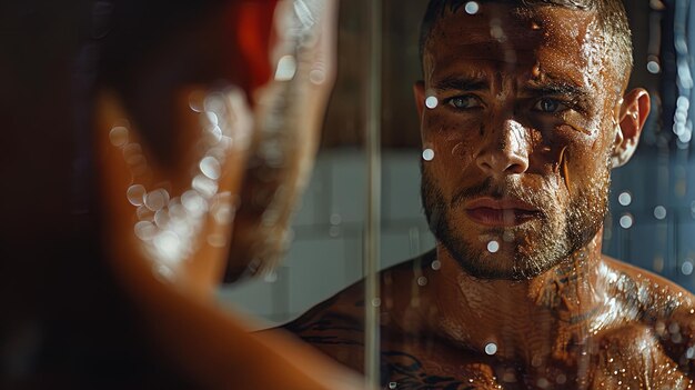 Avec un mélange de surprise et de fierté, un homme regarde son reflet dans le miroir, témoin de la